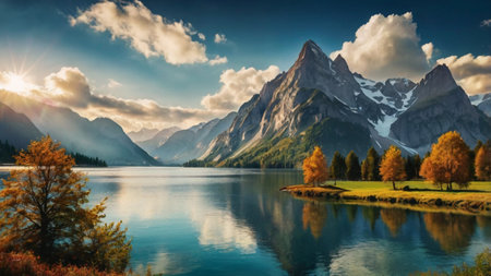 Beautiful autumn landscape with lake and mountain peaks in the background.の写真素材