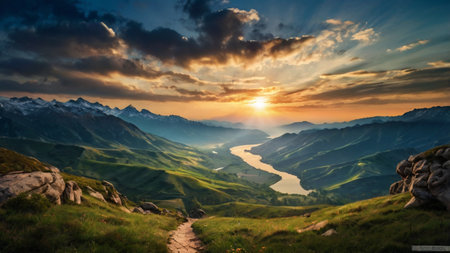 Panoramic view of the Swiss Alps at sunset, Switzerland.