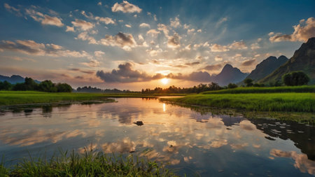 Sunset over the rice fields in the countryside of Vang Vieng, Laosの写真素材