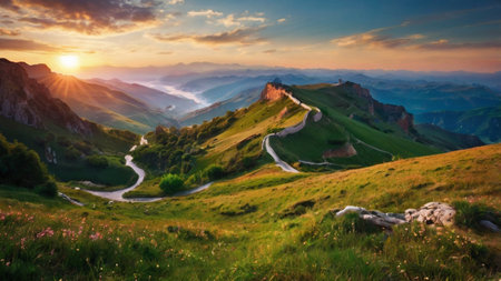 Panoramic view of the mountain road in the mountains at sunset.の写真素材