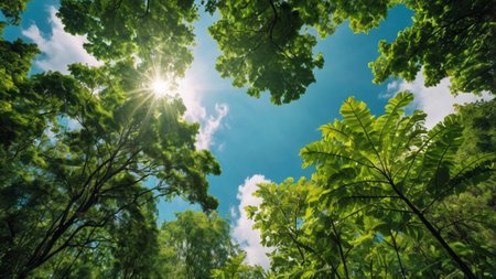 Green leaves and blue sky with sun in the forest. Nature backgroundの写真素材