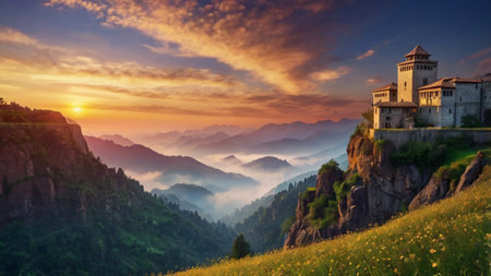 Panoramic view of medieval castle in the mountains at sunrise.の写真素材