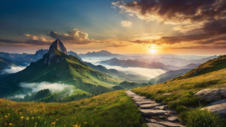 Beautiful summer landscape in the mountains. Sunrise over the mountain peaks.の写真素材