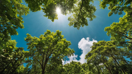 Green trees and blue sky with sunbeams. Nature background.の写真素材