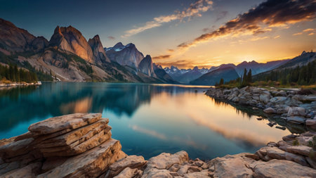Sunset on the Moraine lake in Yoho National Park, Canadaの写真素材