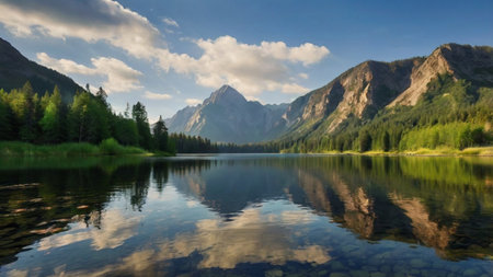 Mountain lake with reflection of mountains and clouds in the water.の写真素材