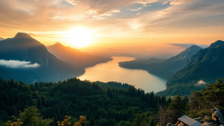Sunset on the lake in the mountains. View from the top of the mountain.の写真素材