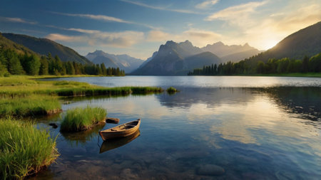 Boat on the lake. Dolomites Alps, Italy.の写真素材