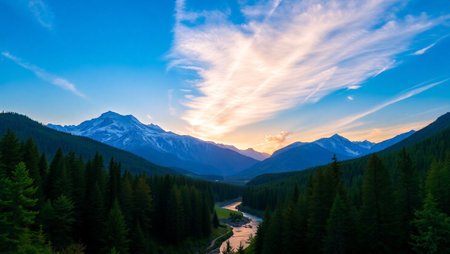 Sunset over the Bow River in Banff National Park, Alberta, Canadaの写真素材