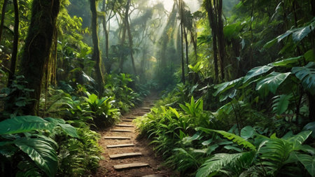 Wooden trail in the rainforest of Costa Rica, Central Americaの写真素材