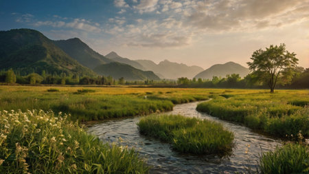 Beautiful landscape with river and mountains at sunset.の写真素材
