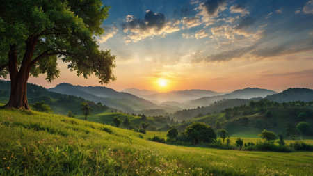 Sunset in the mountains. Panorama of the mountain landscape.の写真素材