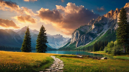 Panoramic view of the Dolomites at sunrise. Italy