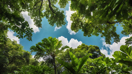 Green leaves and blue sky with white clouds in the tropical forest.