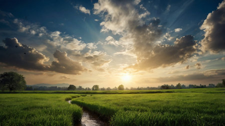 Rice field and beautiful sky at sunset, Panoramic viewの写真素材