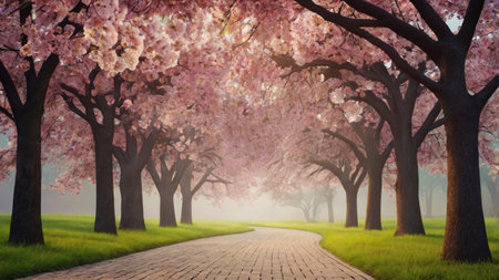 Cherry blossoms in the spring park. 3d rendering.の写真素材