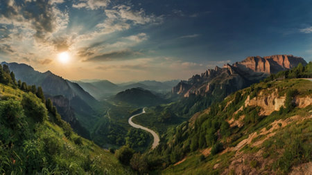 Panoramic view of the mountain road in the mountains. Summer landscapeの写真素材