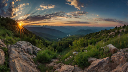 panoramic view of beautiful sunset over the meadow in summer
