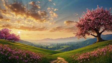 Beautiful spring landscape with blooming cherry tree in the mountains.の写真素材