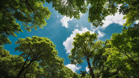 Trees in the forest with blue sky and white clouds, nature background