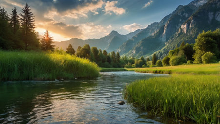 Sunset over the river in the mountains. Beautiful summer landscape.