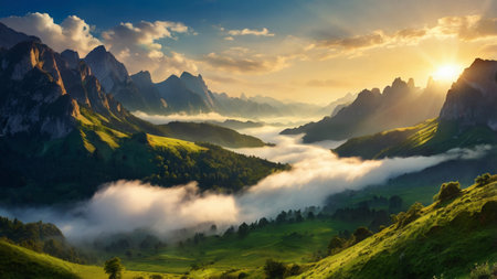 Foggy morning in the Dolomites. Picturesque summer landscape.の写真素材