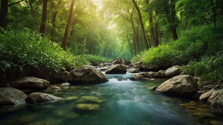 Stream in the forest. Beautiful nature scene with a river flowing through the forest.の写真素材
