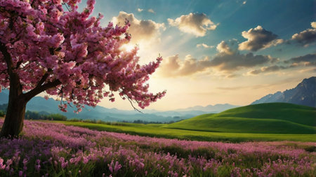 Beautiful spring landscape with blooming meadow and pink cherry treeの写真素材