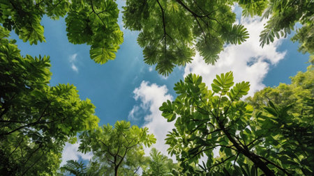 Green leaves and blue sky with cloud in the forest, nature backgroundの写真素材