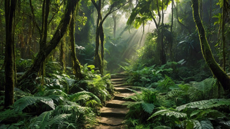 Tropical rainforest with a path leading through the jungle.