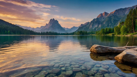 Lago di Carezza (Lago di Carezza) at sunrise, Dolomites, Italyの写真素材