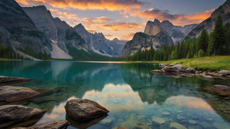Lake Louise in Banff National Park, Alberta, Canada at sunset