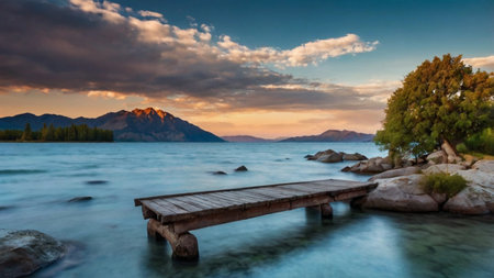 Wooden pier on the shore of a lake at sunsetの写真素材