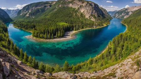 Panoramic view of beautiful turquoise lake in the mountains.