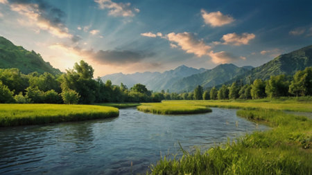Beautiful landscape with the river and mountains in the background at sunset