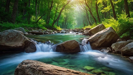 Mountain river flowing through the forest. Beautiful landscape with a mountain river.の写真素材