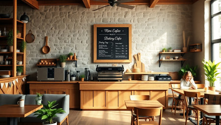 Coffee shop interior with barista. 3d rendering