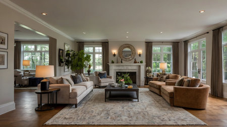 Living room in luxury home with fireplace and armchairs. Nobody inside