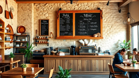 interior of a modern coffee shop with brick wall and wooden tables