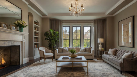 Luxury living room with fireplace and beige sofas