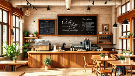 3d rendering of interior of a modern coffee shop with brick walls