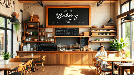 Interior of modern cafe with wooden walls, wooden floor and blackboard with textの写真素材