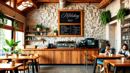 Coffee shop interior. Interior of cafe with wooden walls.の写真素材