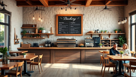 Interior of a modern cafe with brick walls and wooden floor. 3d renderingの写真素材