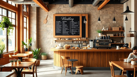 Interior of stylish cafe with barista, space for text. Interior designの写真素材