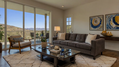 Luxury living room interior with a view of the mountains.