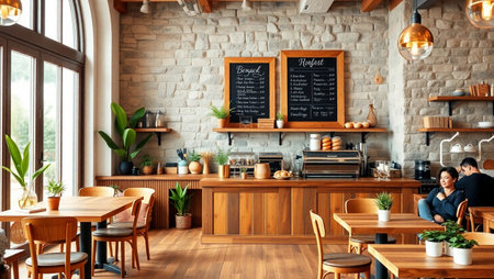 Interior of cozy cafe with wooden tables and chairs, interior design concept