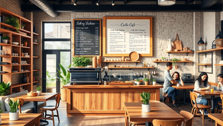 Coffee shop interior with barista and customers. 3d rendering