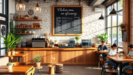 Interior of modern cafe with barista and visitors, 3d renderの写真素材