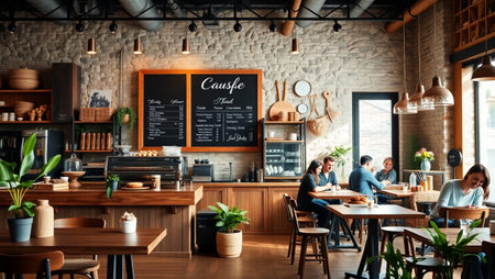 Coffee shop interior with people sitting in cafe, copy spaceの写真素材